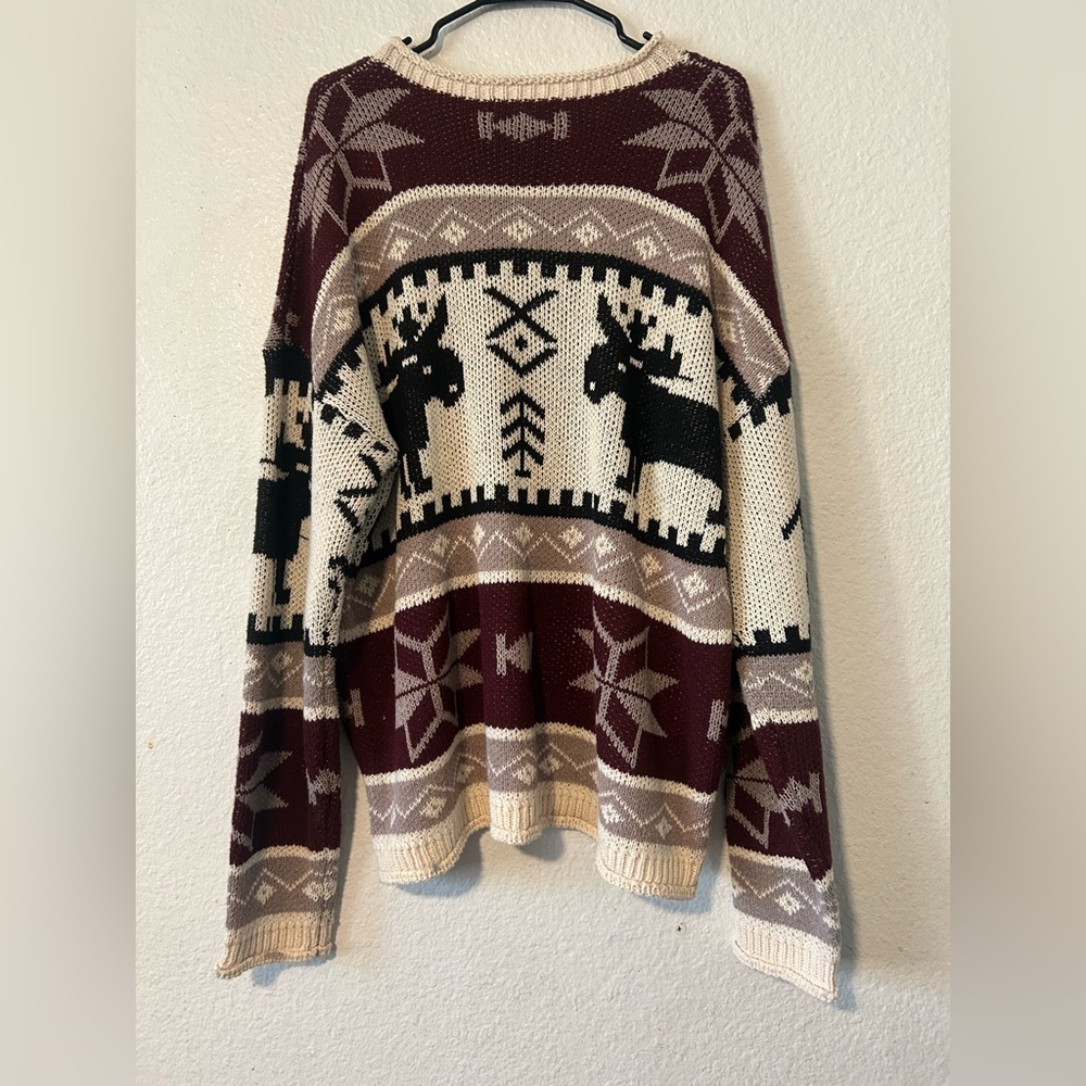 Idea Series Maroon and Beige Moose Sweater Small Silk Acrylic Blend Oversized - Picture 8 of 11